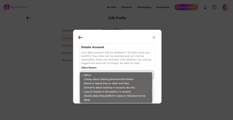 dibs deletion Your Account steps 7